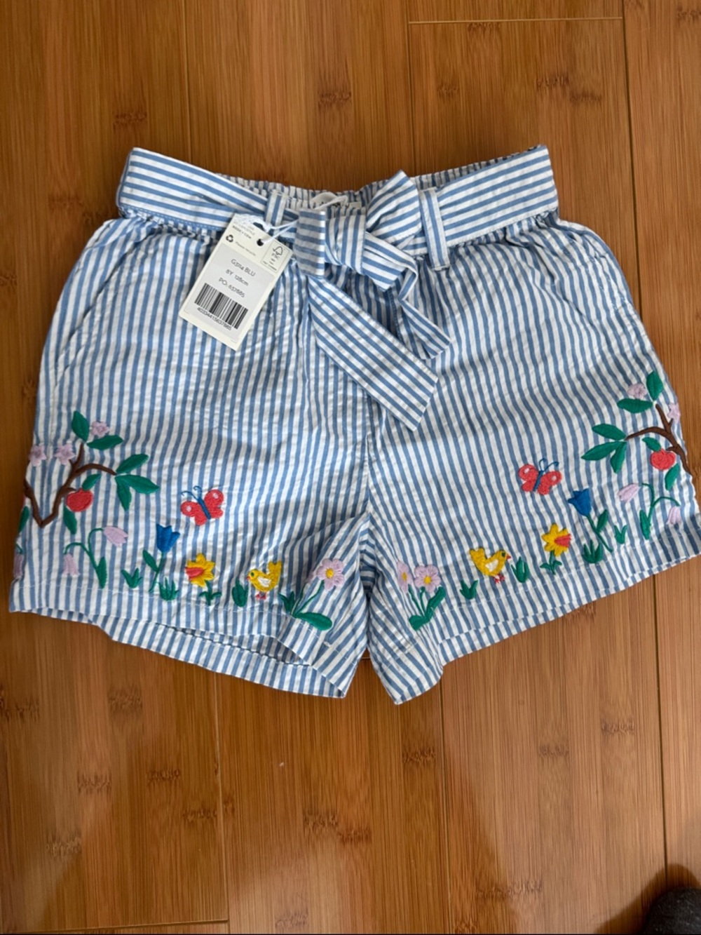 Mini Boden Blue & White Striped Embroidered Tie-Waist Shorts